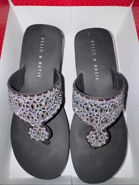 Kelly & Katie Black Jeweled Thong Sandals with Sparkling Rhinestone Upper
